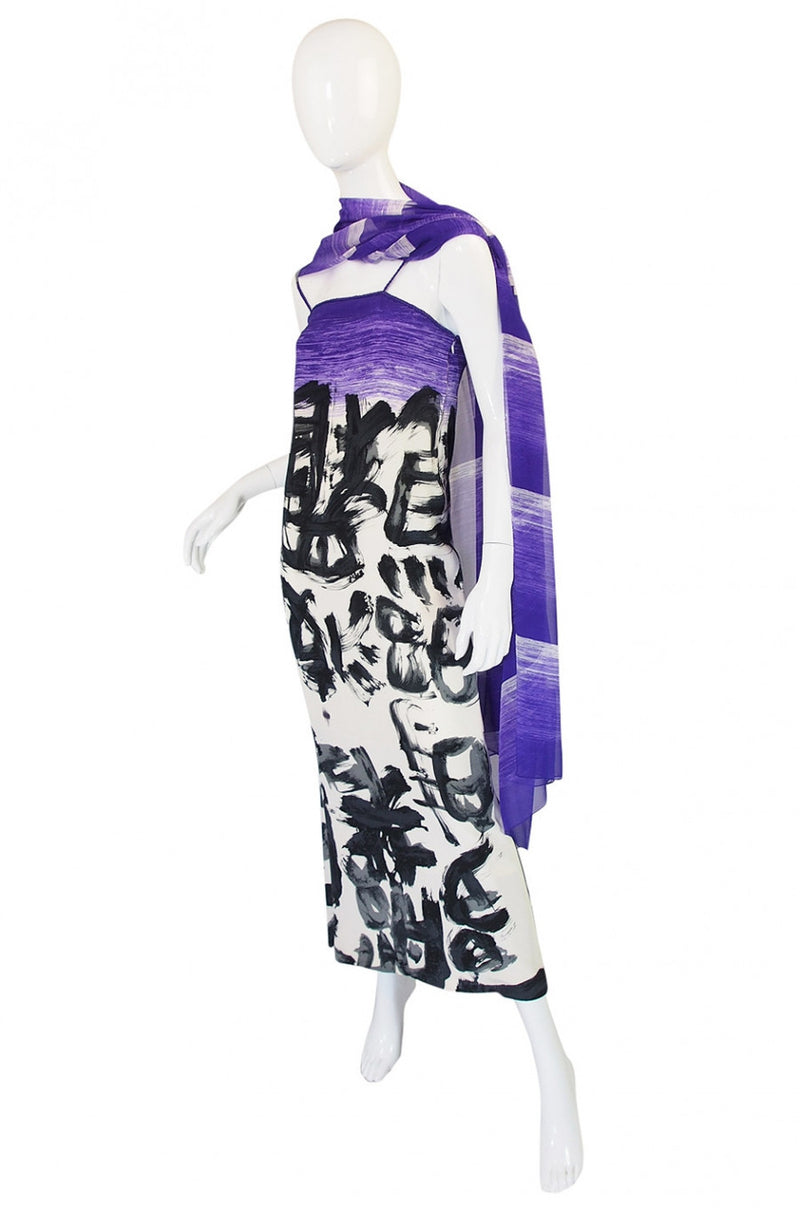 1970s Hanae Mori Silk Dress & Scarf w Purple & Graphic Print