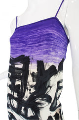 1970s Hanae Mori Silk Dress & Scarf w Purple & Graphic Print