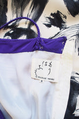 1970s Hanae Mori Silk Dress & Scarf w Purple & Graphic Print