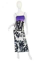 1970s Hanae Mori Silk Dress & Scarf w Purple & Graphic Print