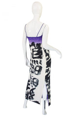 1970s Hanae Mori Silk Dress & Scarf w Purple & Graphic Print