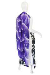 1970s Hanae Mori Silk Dress & Scarf w Purple & Graphic Print