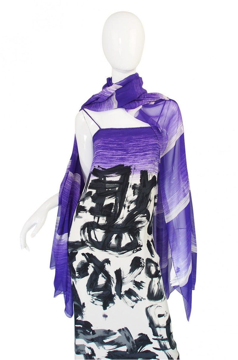 1970s Hanae Mori Silk Dress & Scarf w Purple & Graphic Print