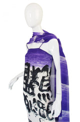1970s Hanae Mori Silk Dress & Scarf w Purple & Graphic Print