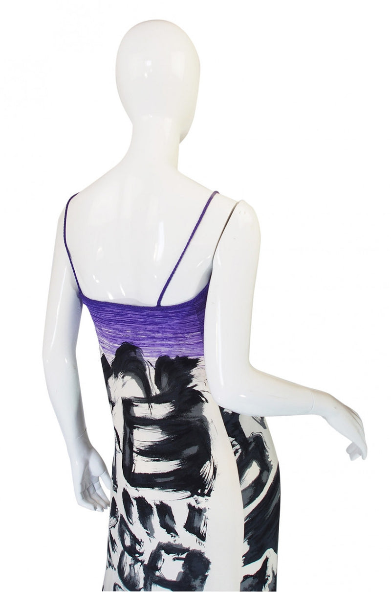 1970s Hanae Mori Silk Dress & Scarf w Purple & Graphic Print