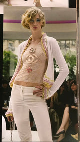 Cruise 2004 Chanel by Karl Lagerfeld Three Piece Ivory Silk Boucle Suit w Silk Chiffon Edging