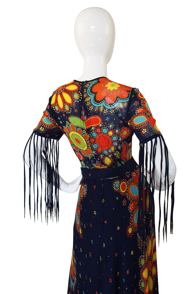 1970s Metal Tip Fringe Maxi Dress