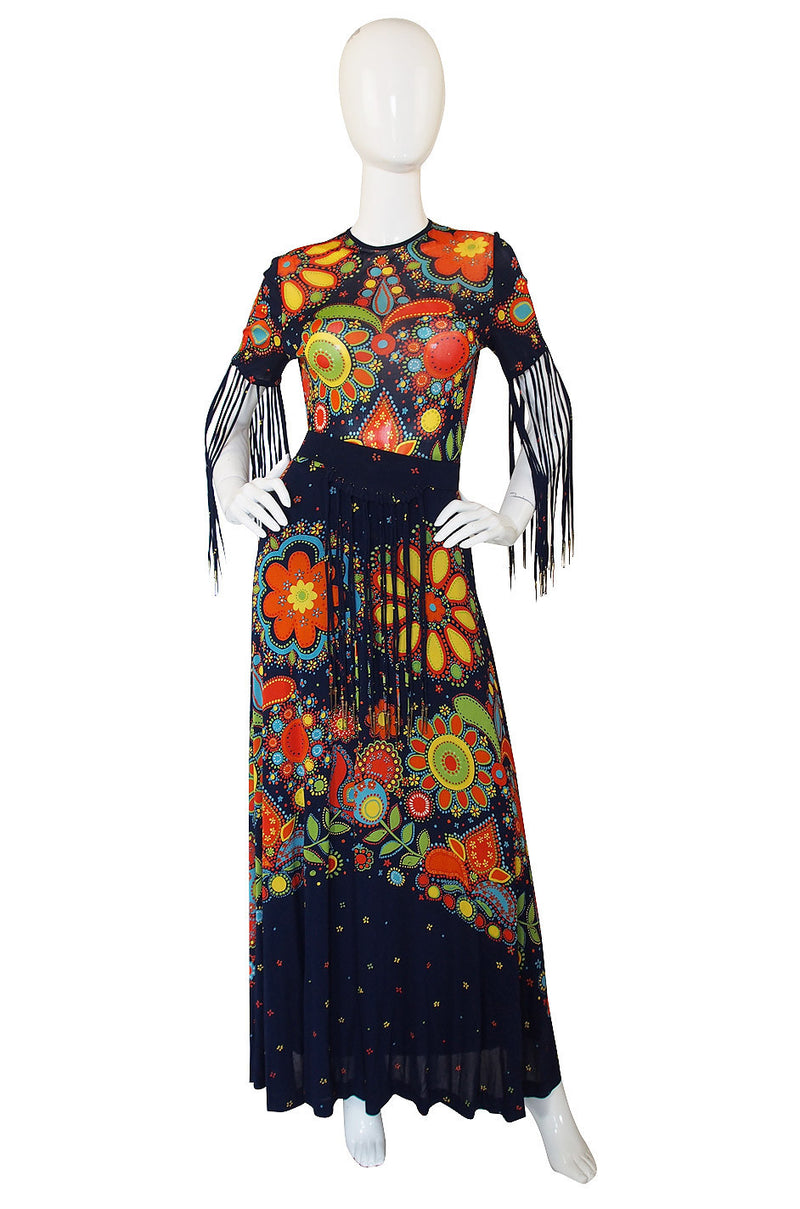 1970s Metal Tip Fringe Maxi Dress