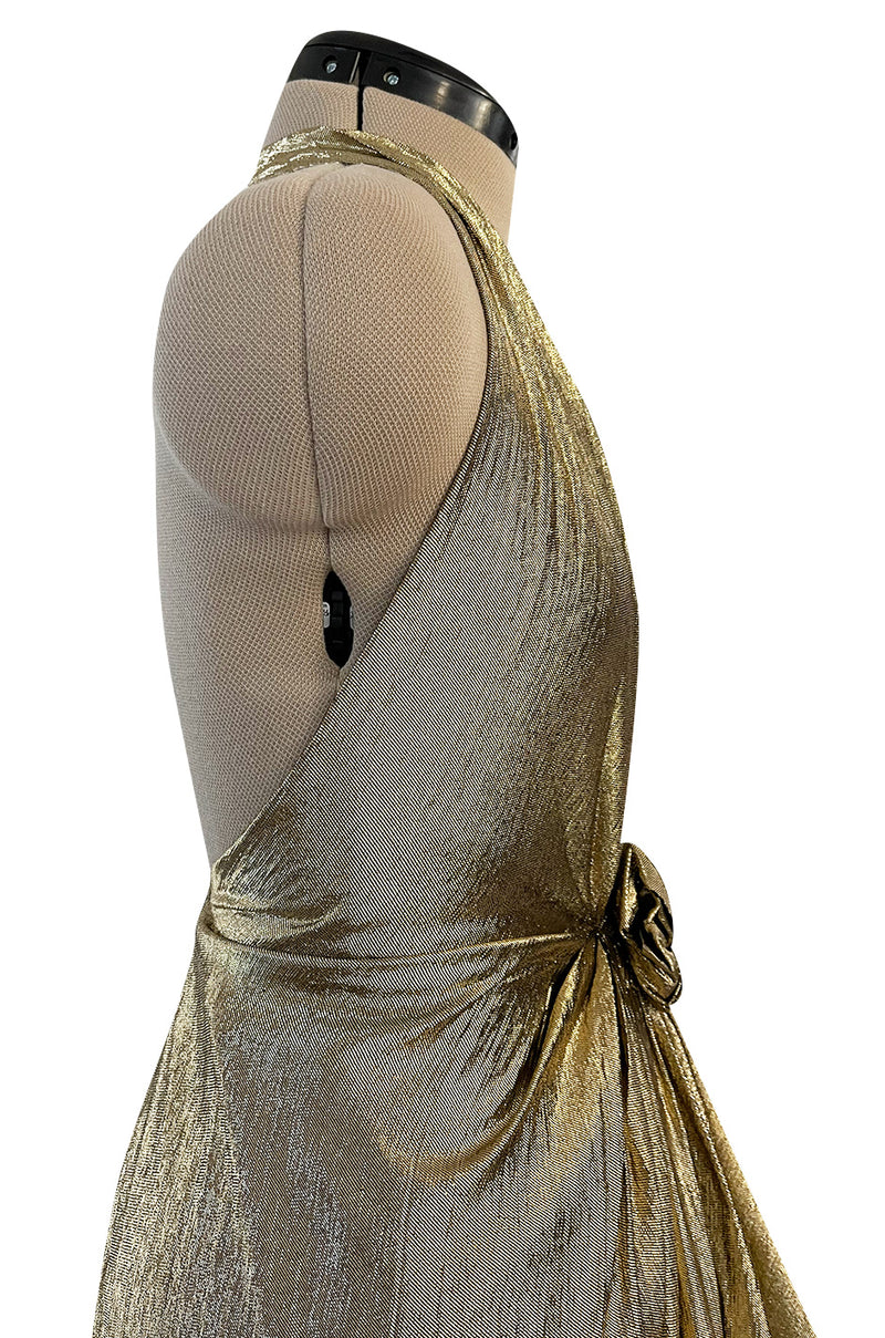 Iconic Fall 1980 John Anthony Couture Plunge Front Gold Lame Halter Dress w Bare Back