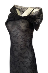 Incredible 2000s John Galliano Fine Black Lace Dress w Train & High Collar