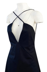 1990s Calvin Klein Black Front Plunge Halter Dress w No Back and Long Full Skirt