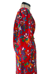 Prettiest Spring 1983 Yves Saint Laurent Runway Printed Floral Red Silk Dress w Tie Belt