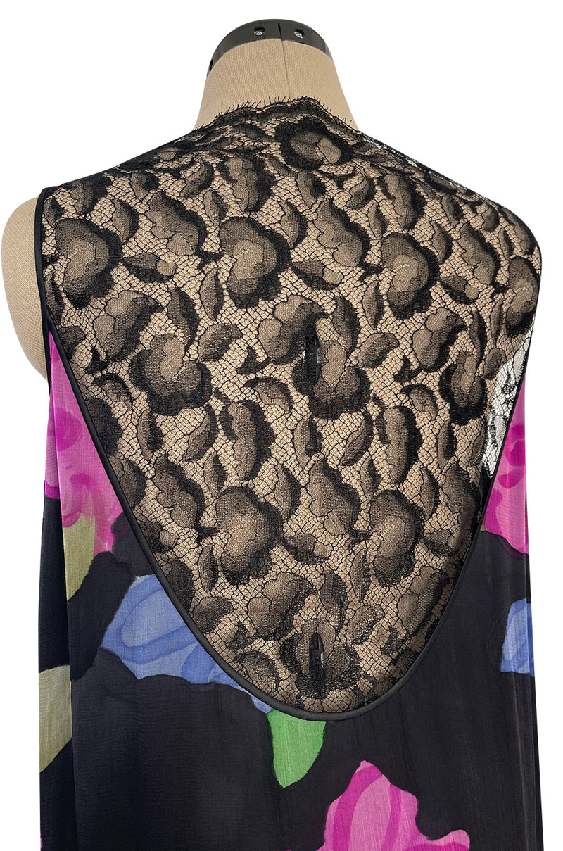 Custom 1970s James Galanos Floral Print Silk Chiffon Dress w Deep Plunging Black Lace Inserts