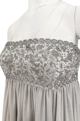 Spring 2006 Reem Acra Pale Grey Silk Chiffon Silver Rhinestone Beaded High Bodice Dress