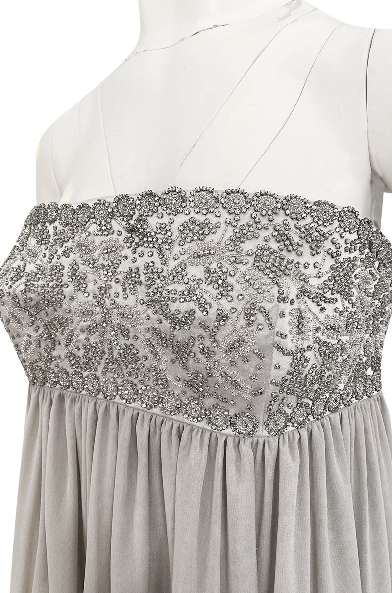 Spring 2006 Reem Acra Pale Grey Silk Chiffon Silver Rhinestone Beaded High Bodice Dress