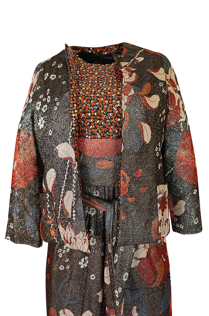 1975 Bill Blass Floral Print Metallic Lurex & Sequin Dress Set