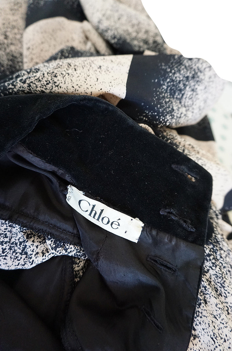 1970s Rare Chloe Printed Silk Velvet Collar Smock Dress