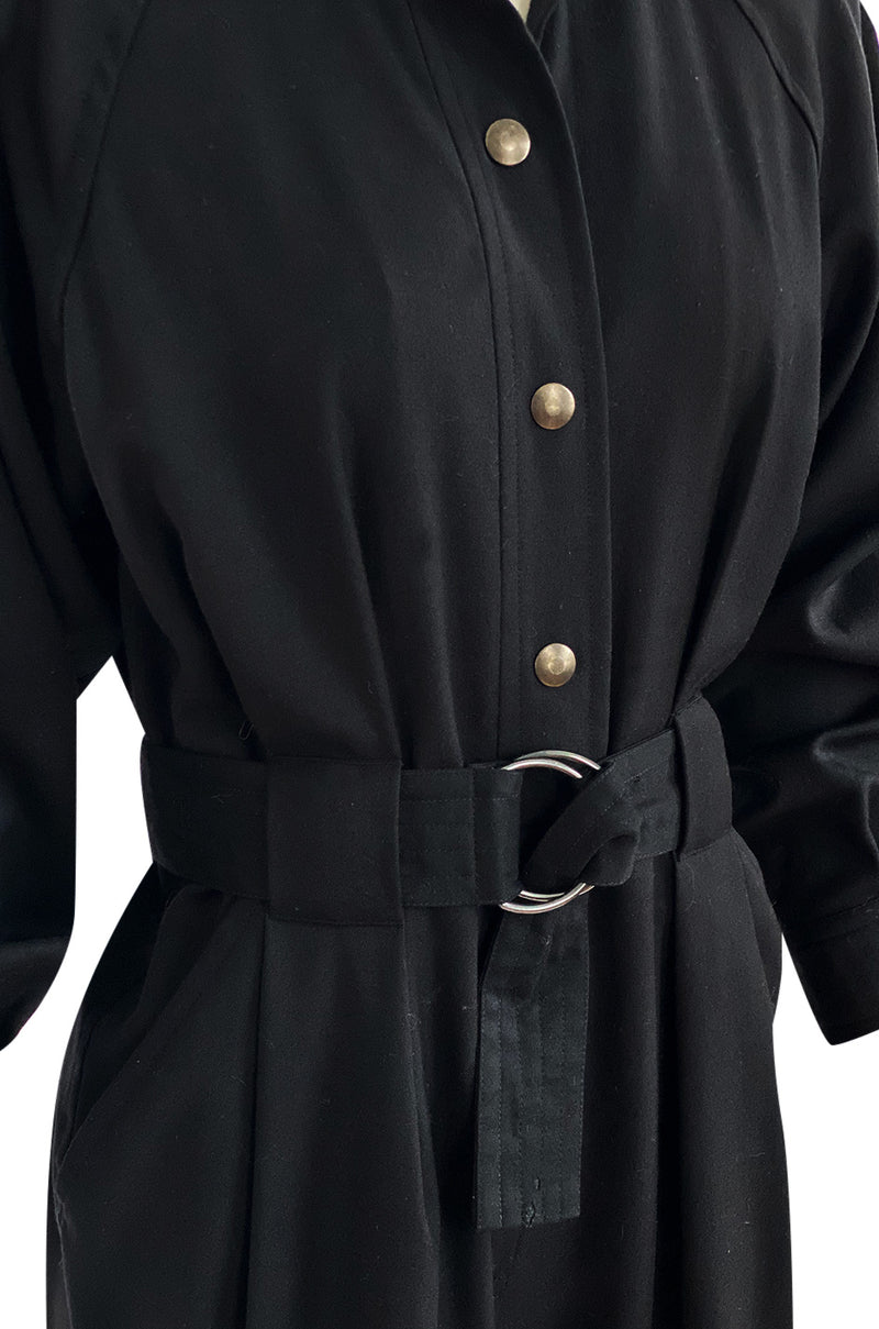1980s Yves Saint Laurent Black Snap Front Flight Jumpsuit w Slip Belt