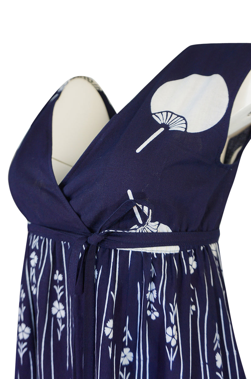 Spring 1977 Hanae Mori Fan & Flower Print Blue Yukata Cotton Dress