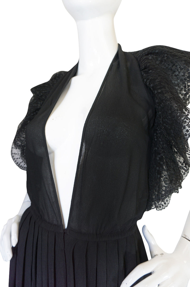 1970s Plunging Silk Chiffon & Lace Couture Galanos Gown