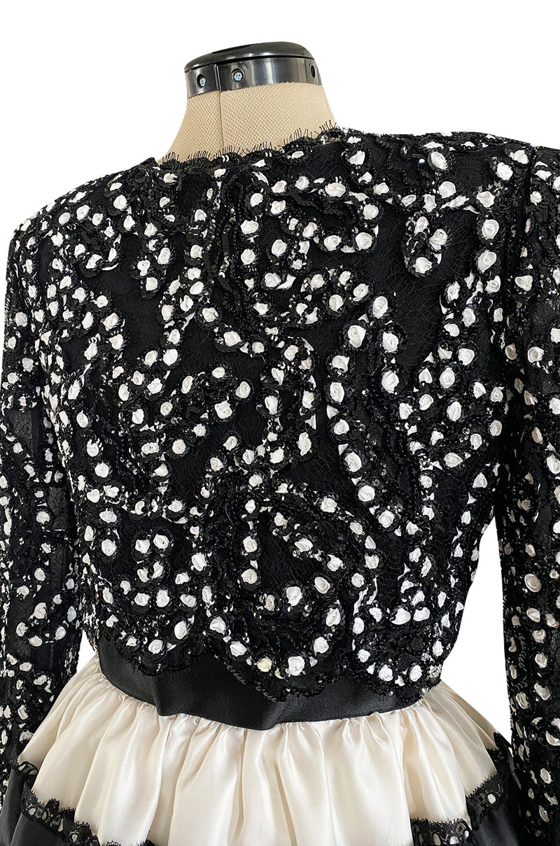Spring 1988 Bill Blass Sequin Bodice w Ribbon Rosettes Black & White Silk Organza Dress