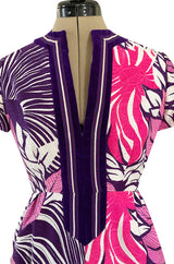 1960s Gino Charles for Malcolm Starr Purple & Pink Printed Jumpsuit w Extra Wide Legs
