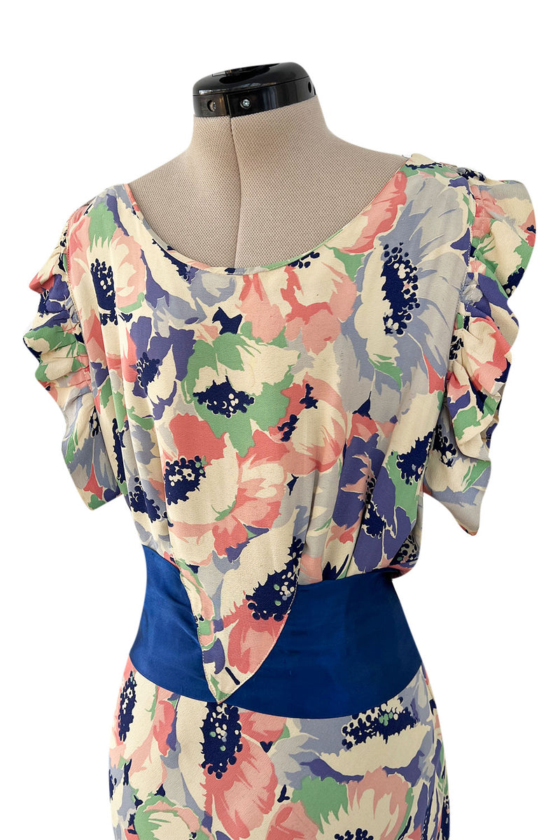 Romantic 1930s Floral Print Bias Cut Silk Dress w Ruffle & Blue Ribbon Detailing