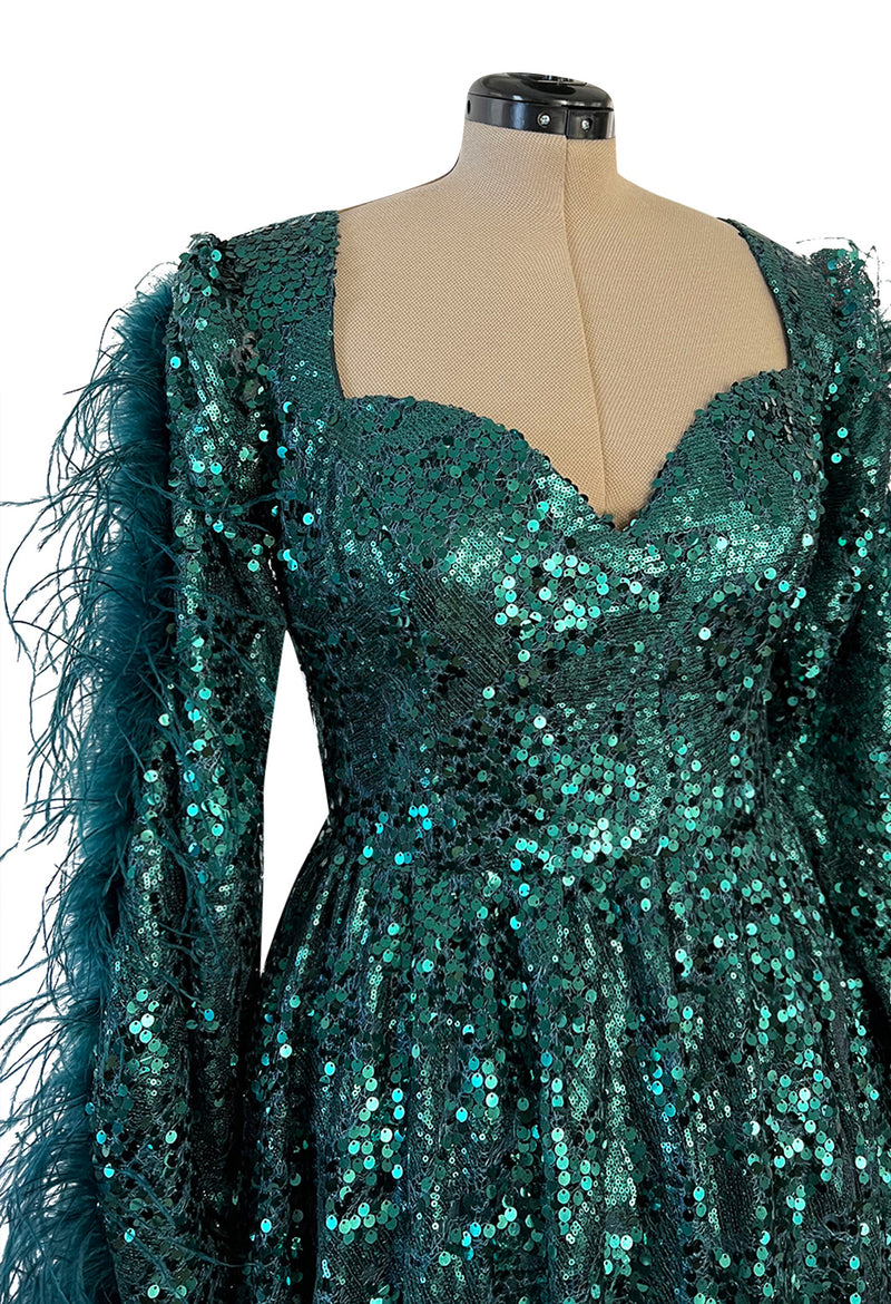 1970s Unlabeled Green Sequin Dress w Dramatic Feather Trimmed Open Ext Shrimpton Couture 1970s Unlabeled Green Sequin Dress w Dramatic Feather Trimmed Open Ext Shrimpton Couture