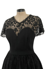 Gorgeous Late 1970s Pauline Trigere Black Wool Crepe Dress w Lace Skirt & Shoulders