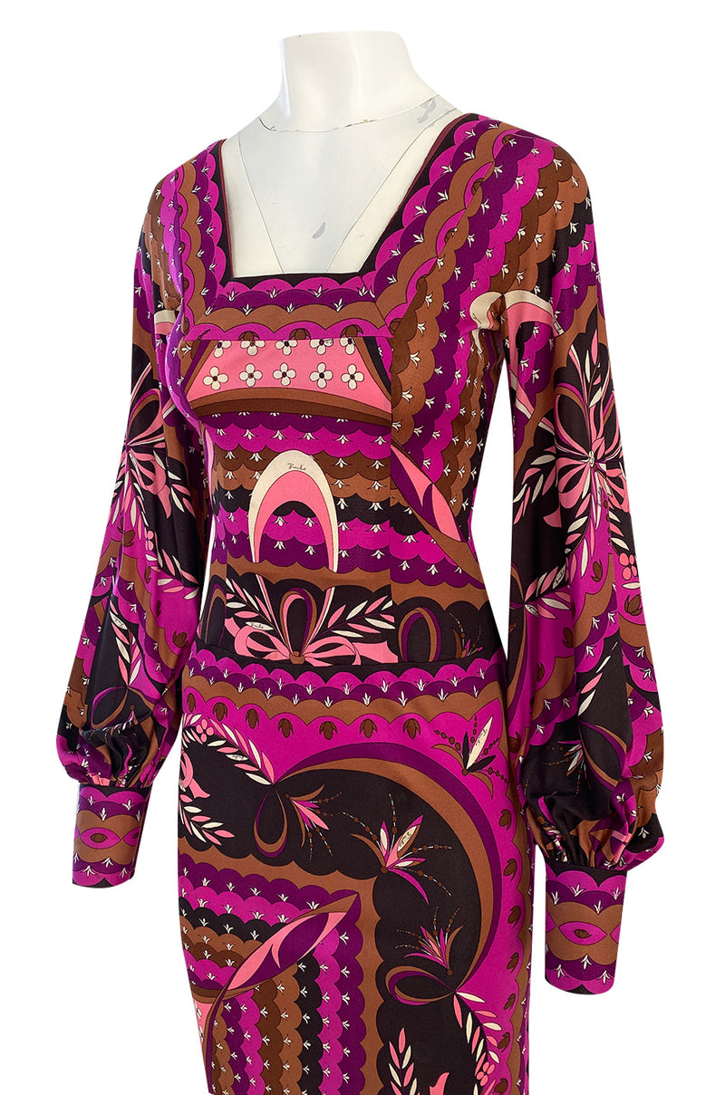 1960s Emilio Pucci Pink Floral & Ribbon Print Silk Jersey Dress w Matching Silk Chiffon Scarf