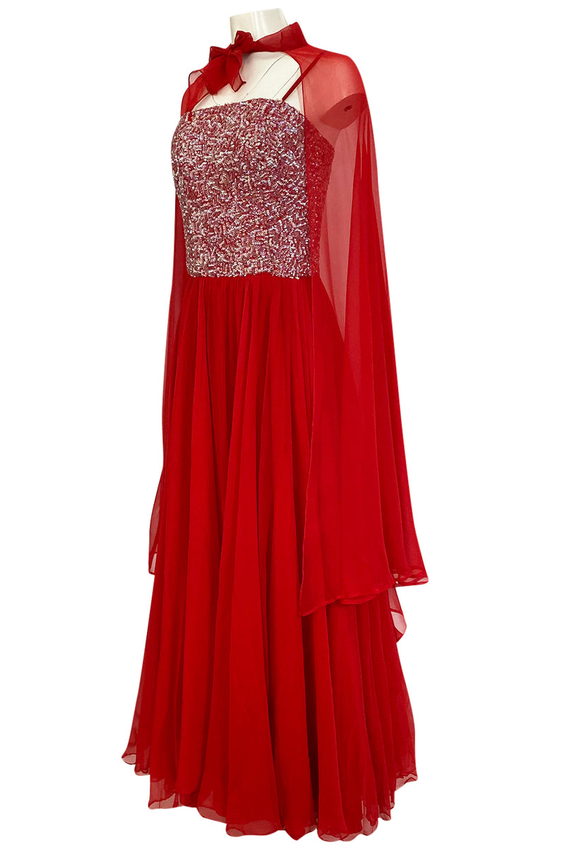 1960s Unlabeled Red Silk Chiffon & Sequin Dress w Matching Cape