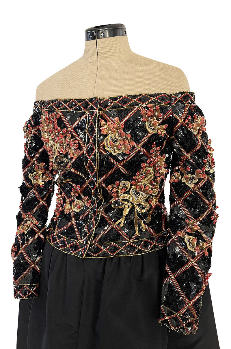 Elaborate 1987 John Anthony Couture Off Shoulder Mini Dress w Sequin Beading & Rosettes