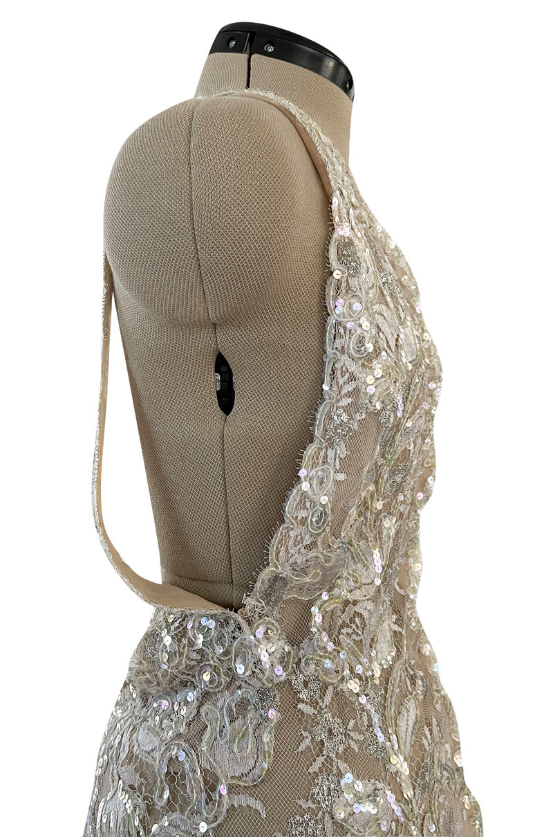 Feather Light Spring 1984 John Anthony Couture Plunging Ivory Lace Dress w Sequin Detailing