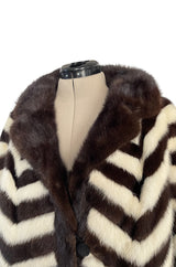 Wonderful 1960s Mink Coat w a Deep Brown Chocolate & Ivory Fur & Leather Chevron Pattern