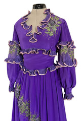 Rare 1960s Tiziani Couture by Karl Lagerfeld Purple Silk Dress w Intricate Hand Beading