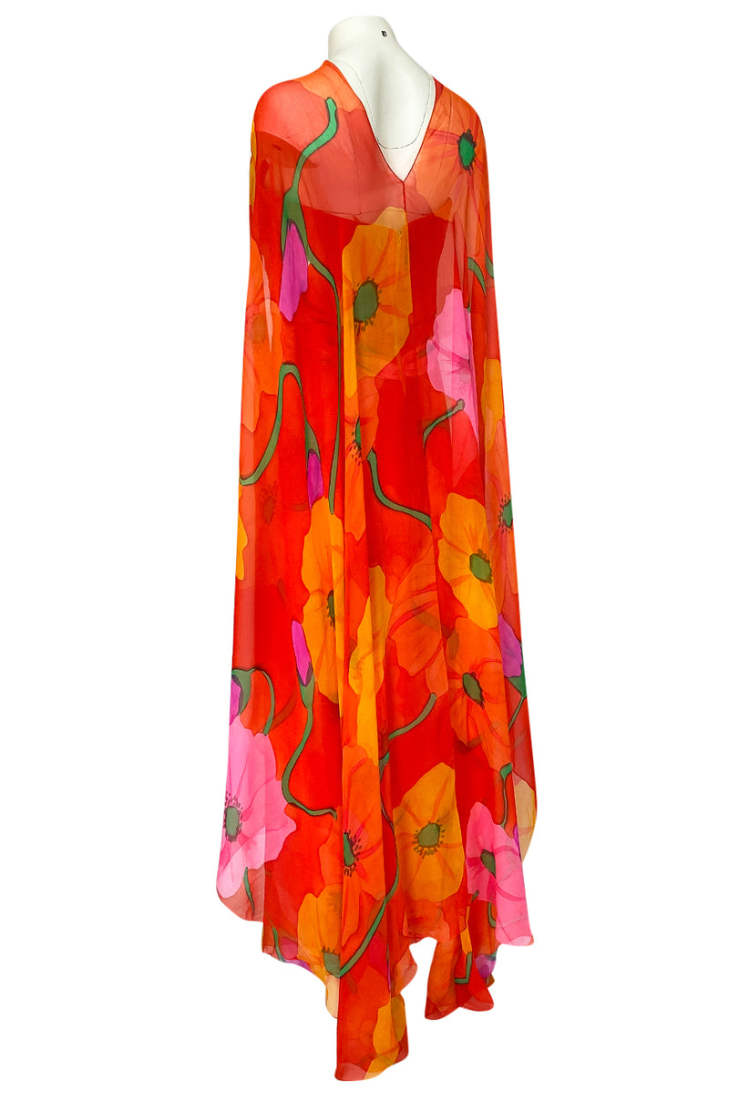 Spring 1992 Bob Mackie Huge Tropical Flower Print Silk Chiffon Dress w Matching Cape