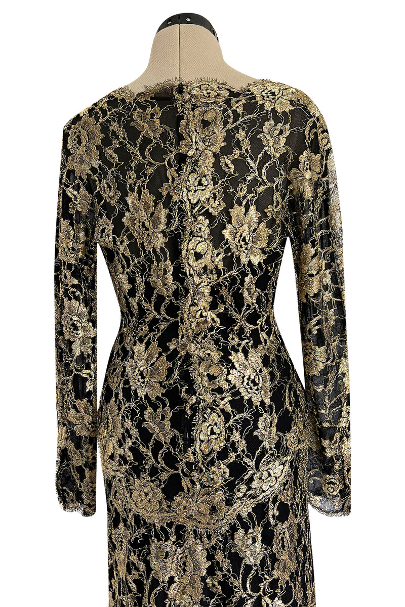 Exceptional Fall 1986 Chanel by Karl Lagerfeld Runway Metallic Gold Thread on Black Silk Net Dress