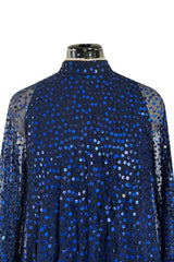 Incredible 1970-1972 Mollie Parnis Blue Sequin on Silk Chiffon Caftan Dress w Wide Sleeves
