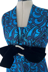 Late 1960s Lanvin by Jules-Francois Crahay Blue Metallic Silk Dress w Bow Detailing
