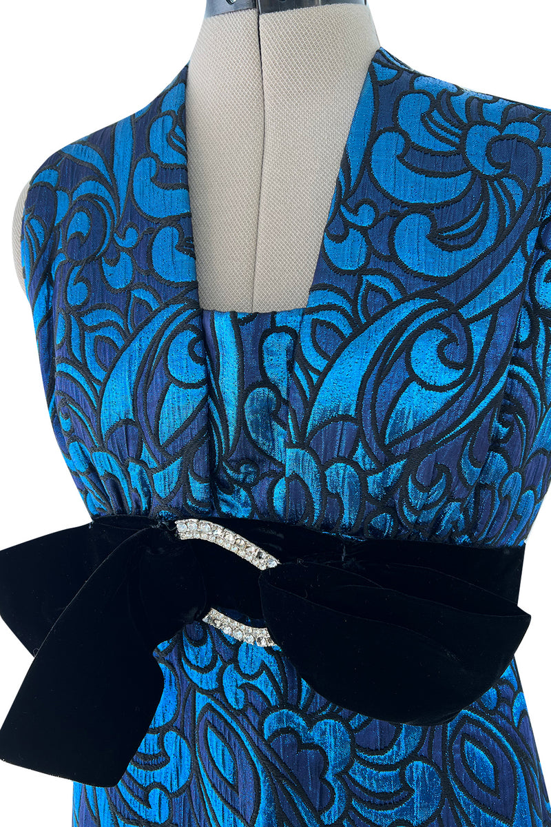Late 1960s Lanvin by Jules-Francois Crahay Blue Metallic Silk Dress w Bow Detailing