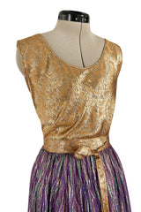 Fabulous 1970s Adolfo Metallic Gold, Green and Purple Silk Skirt, Tassle Belt & Top Set