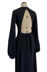 Iconic 1972 Ossie Clark Couture Black Moss Crepe Open Back Wrapped Dress w Bishop Sleeves