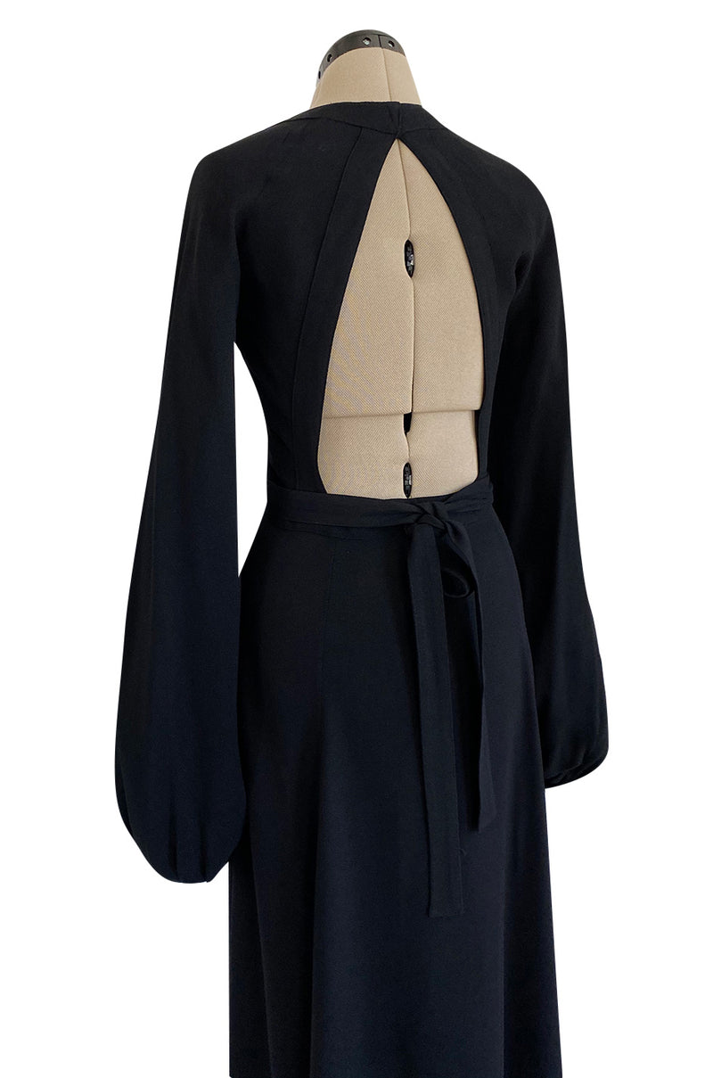 Iconic 1972 Ossie Clark Couture Black Moss Crepe Open Back Wrapped Dress w Bishop Sleeves