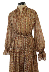 Fall 1977 Oscar De La Renta Feather Light Metallic Chiffon Dress & Extra Long Sash