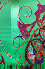 1970s Mollie Parnis Kimono Sleeve Printed Green Silk Dress