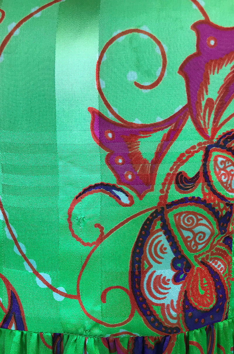 1970s Mollie Parnis Kimono Sleeve Printed Green Silk Dress