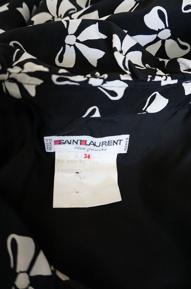 S/S 1987 Yves Saint Laurent Bow Print Silk Ruffle Dress