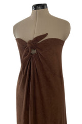 Unusual 1976 Halston Deep Brown Strapless Tie Front Dress in a Soft Terry Cloth