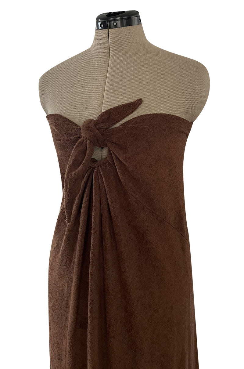 Unusual 1976 Halston Deep Brown Strapless Tie Front Dress in a Soft Terry Cloth