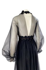 1960s Werle Black Organza & Embroidered Lace Transparent Back Dress